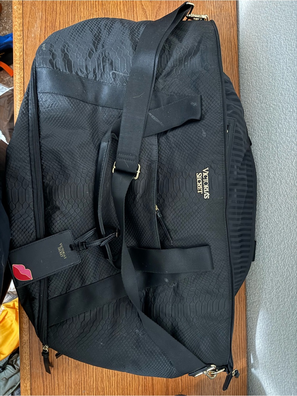 Victoria's Secret Black Textured Duffel with Gold Logo